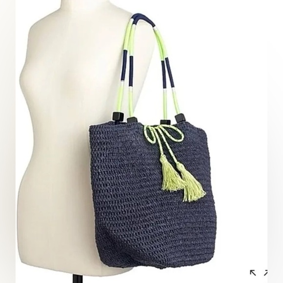NWOT JCREW “Navy Citron Straw Market Tote” - Picture 2 of 5